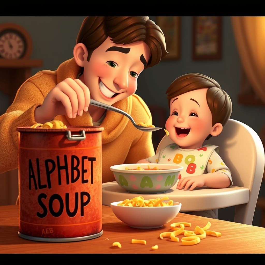 Parent Feeding Toddler Alphabet Soup, CGI Cartoon