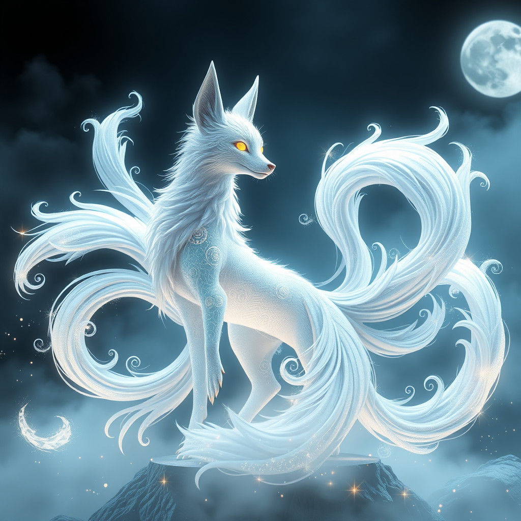 Luminous Nine-Tailed Fox in Moonlit Mist: 3D Anime Art
