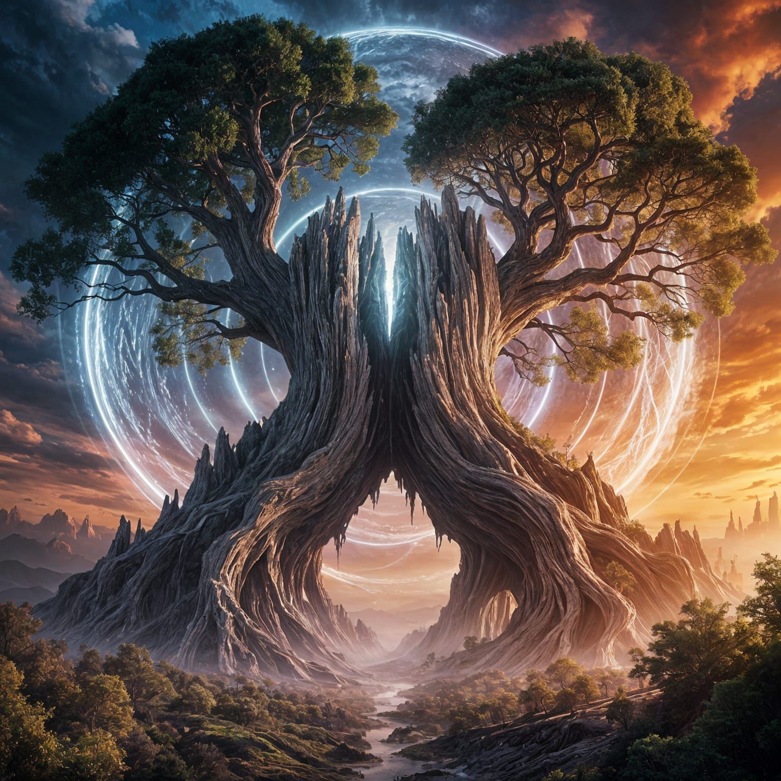 Majestic Tree Portal to a Vibrant Ethereal Realm