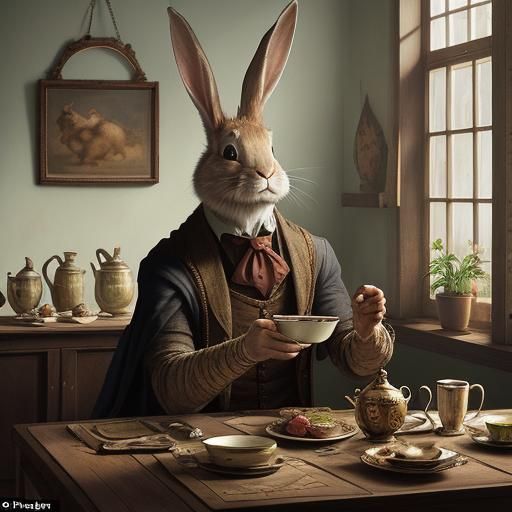 Rabbit Contemplates Tea in Animated Painting Style