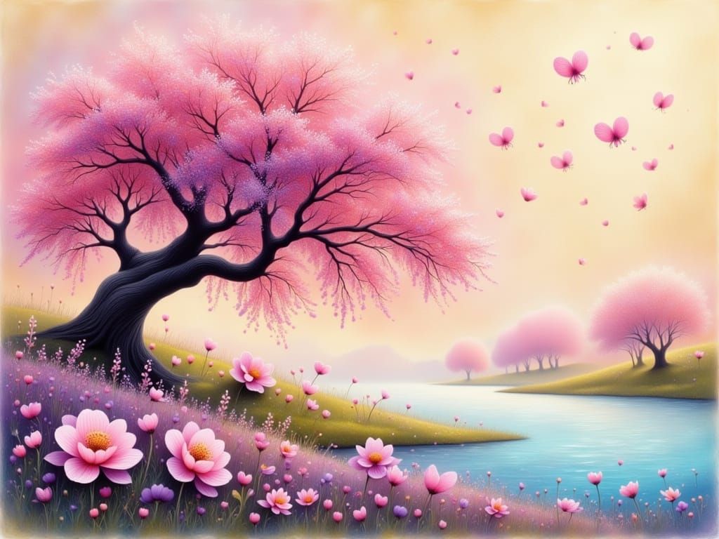 Pastel Whimsical Weeping Willow Tree in Ethereal Landscapes