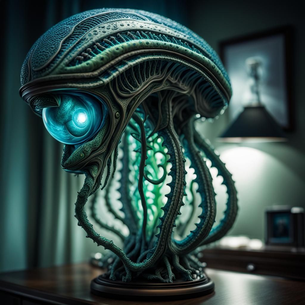 Biomechanical Alien Living Room Lamp: Hyper-Realistic Digita...