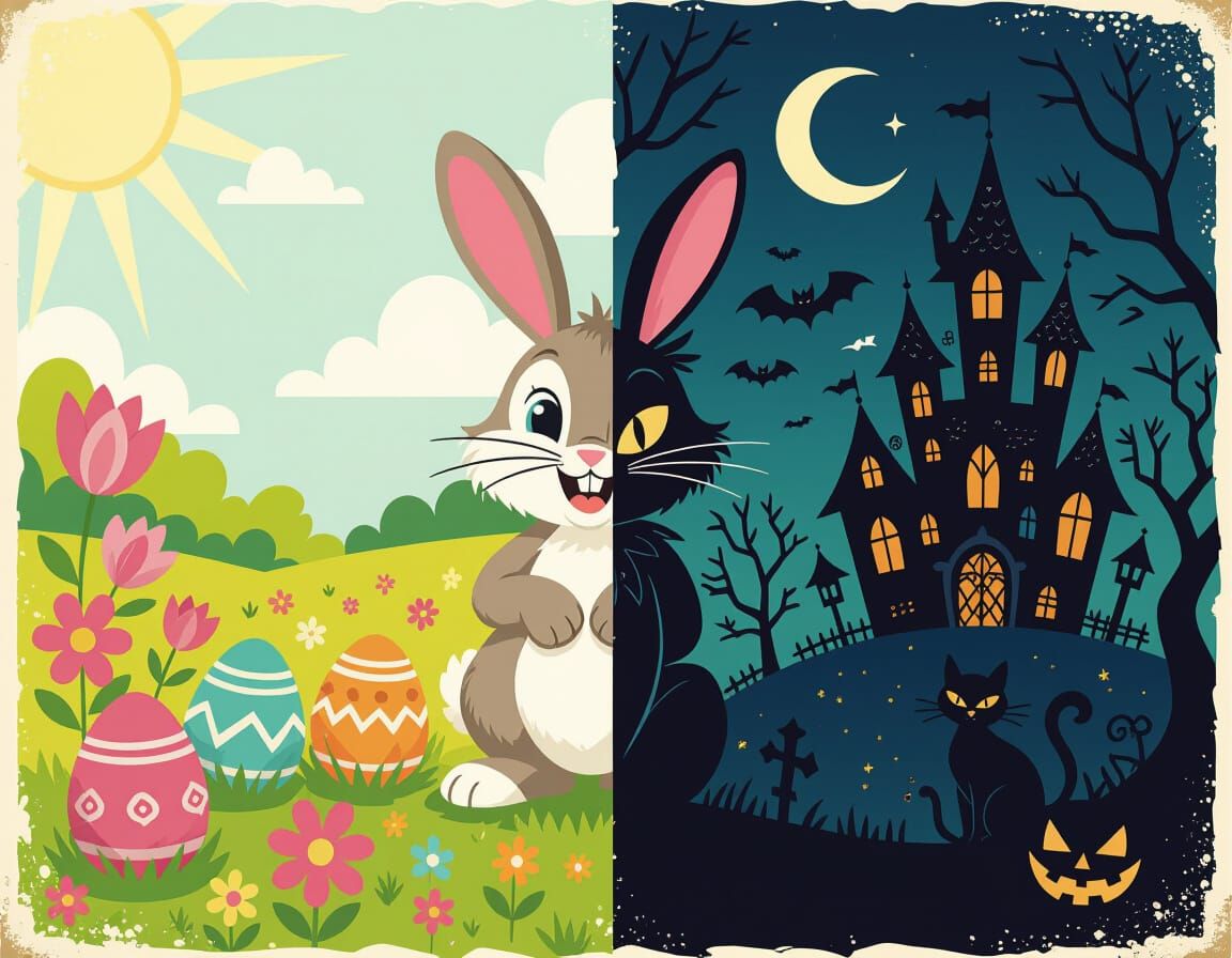 Easter and Halloween Split Image in Storybook Style
