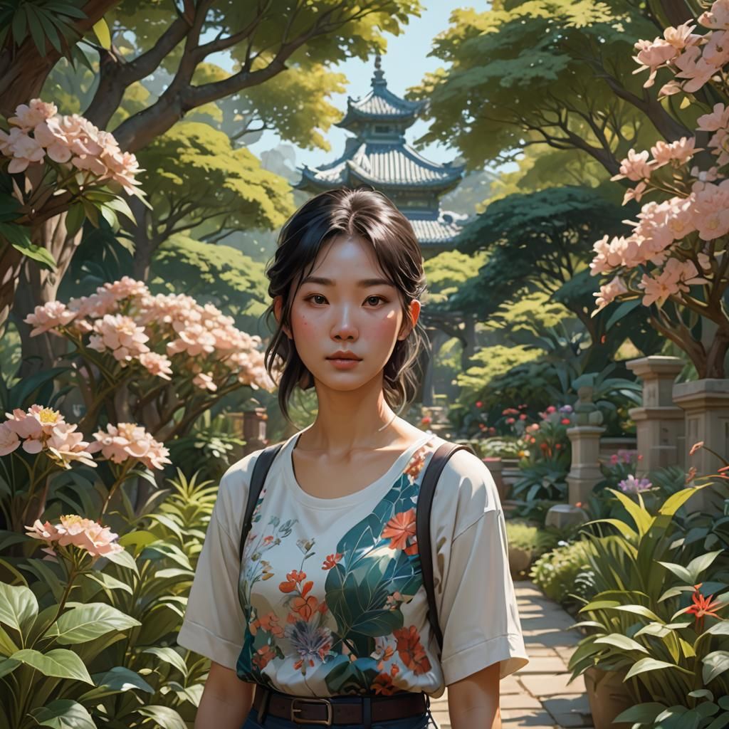 Korean Girl Portrait in Botanical Garden, Hyperdetailed Art