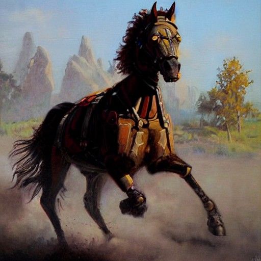 Armored Robotic Horse in Oil Painting Style