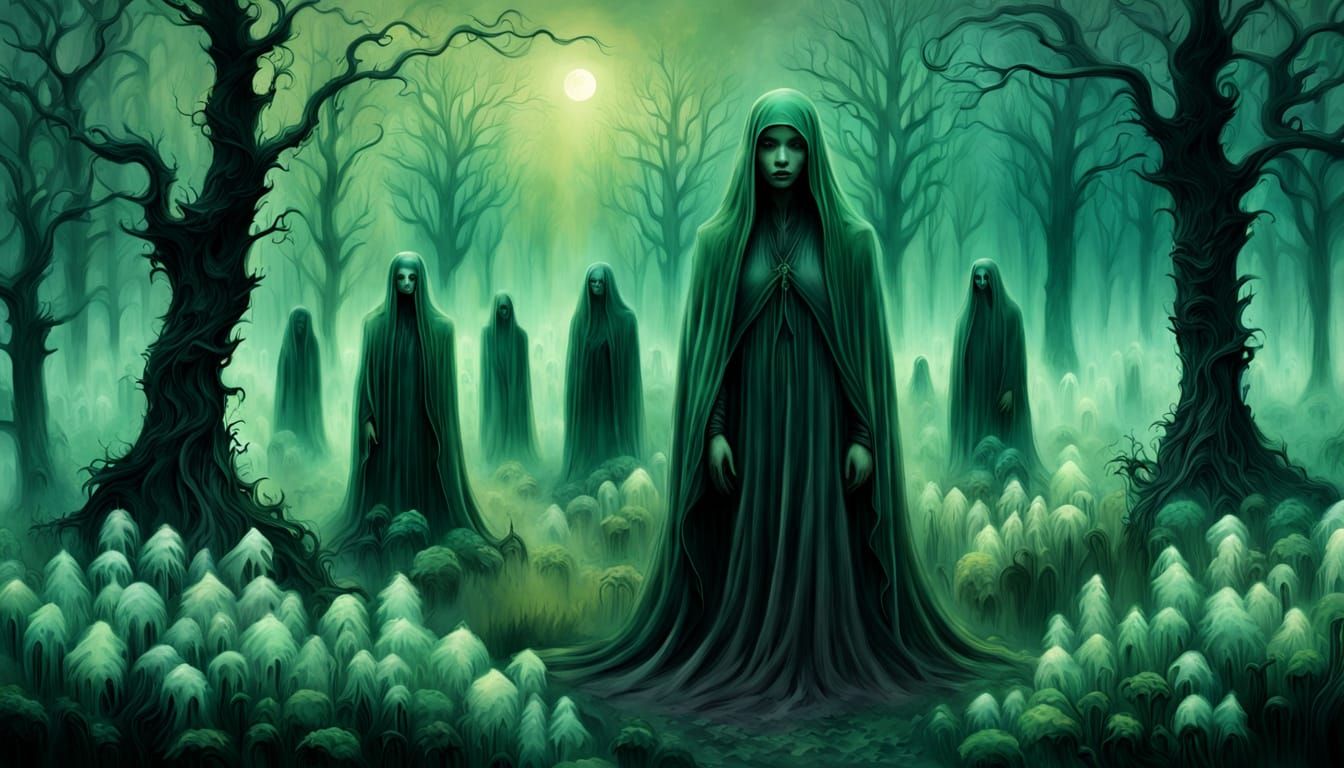 Ethereal Gothic Landscape with Ghostly Figures