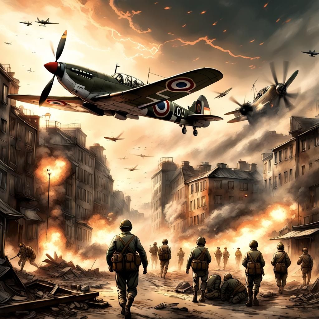 WWII Spitfire Over City in Anime Style