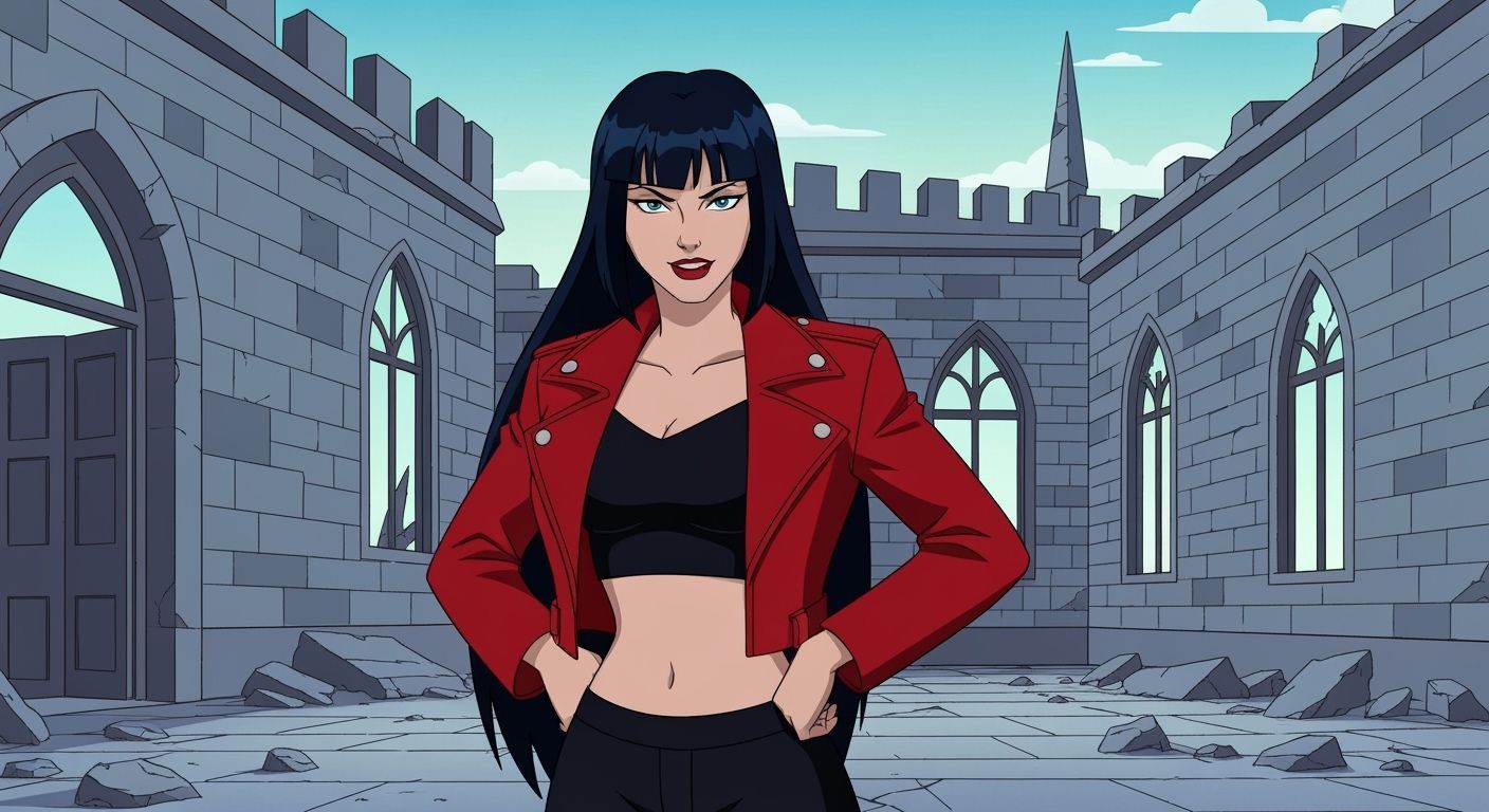 Confident Woman in Gothic Ruins, 90s Animation Style
