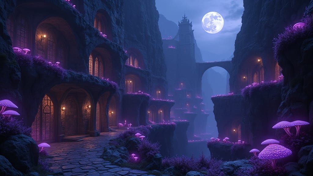 Medieval Cliff City Aglow with Bioluminescent Mushrooms