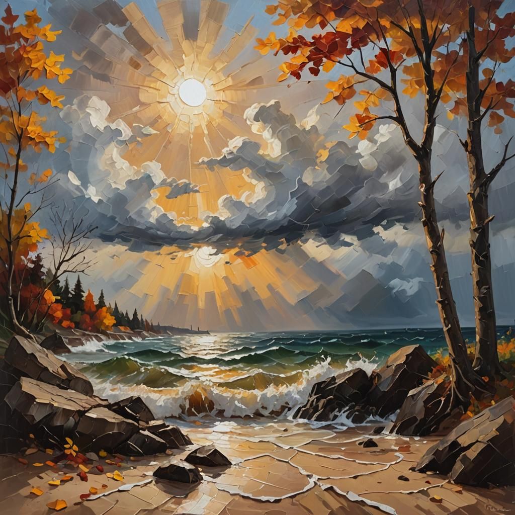 Stormy Seashore Impasto Oil Painting with Autumn Colors