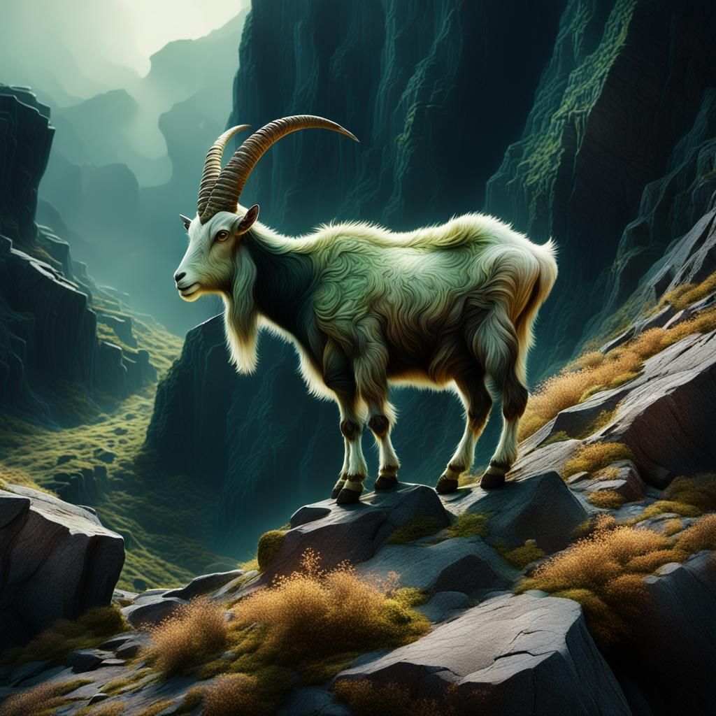 Capricorn Goat Climbing Rocky Mountain in Matte Painting