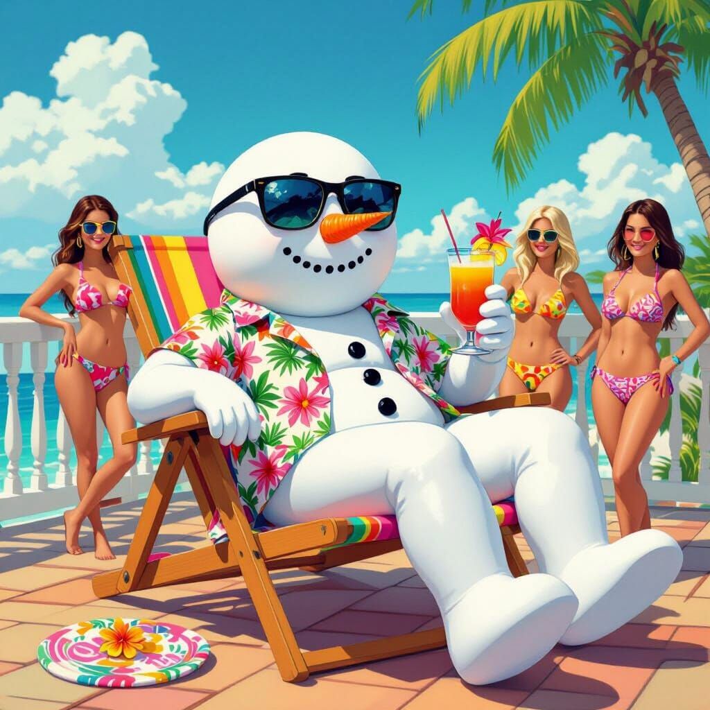 Snowman Enjoys Tropical Beach with Cocktail and Companions