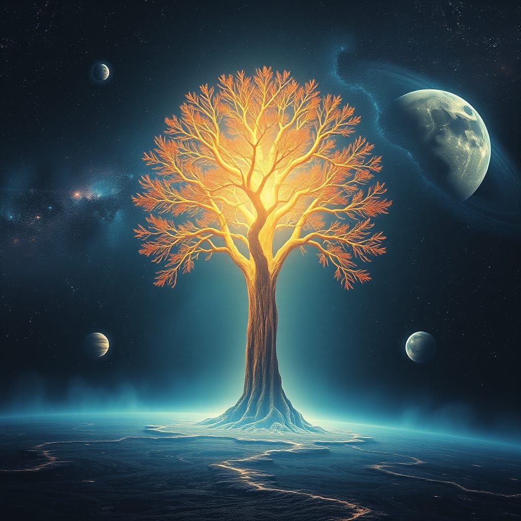 Glowing Tree in a Starry Space Galaxy