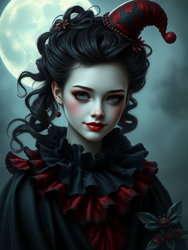 Whimsical Dark Clown in Victorian-Era Fantasy