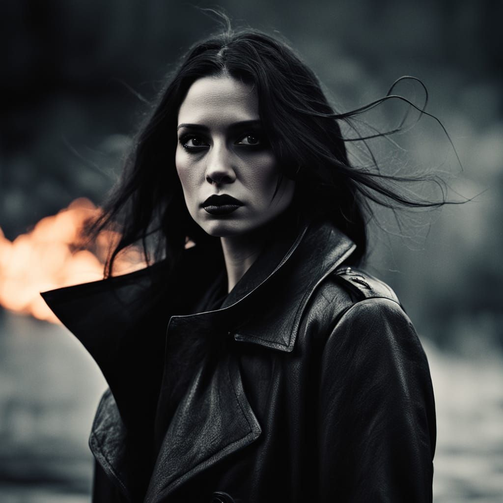 Film Noir Goth Model in Smoke and Fog