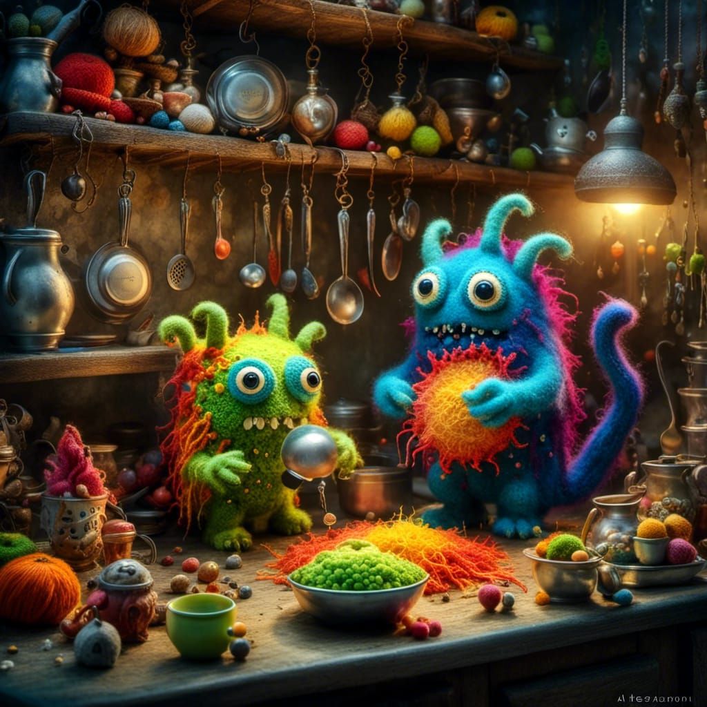 Cute Furry Monsters Play in Kitchen, Whimsical Art
