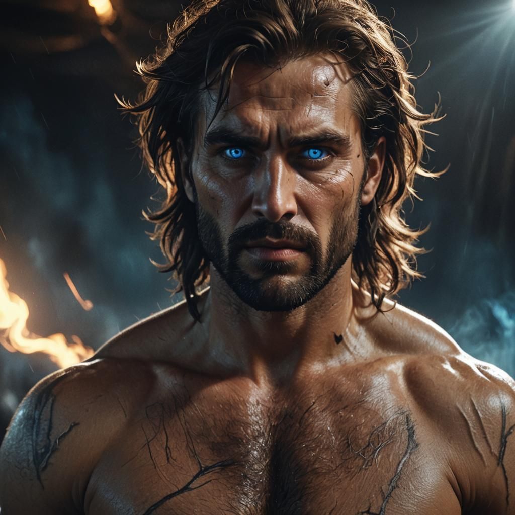 Cinematic Man with Blue Eyes in Maximalist Style