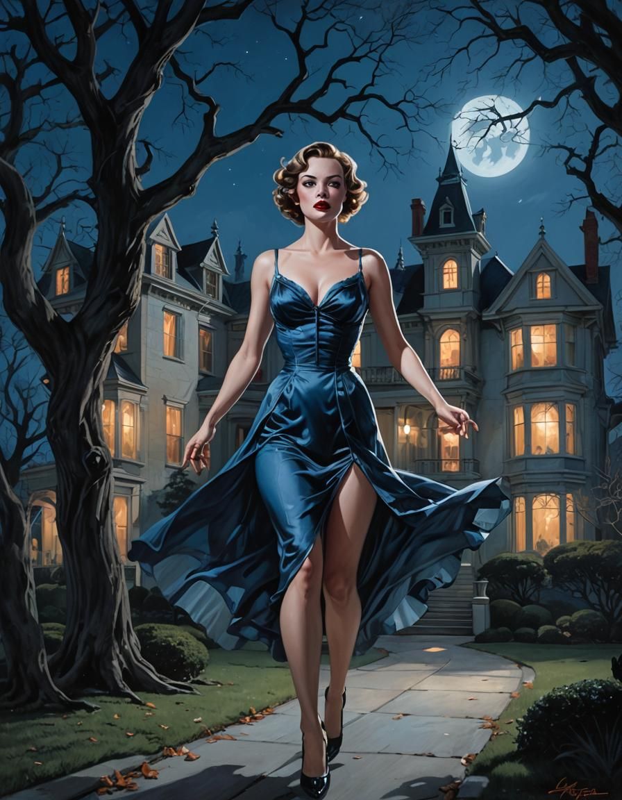 Woman Escaping Gothic Mansion in Hyperrealistic Style