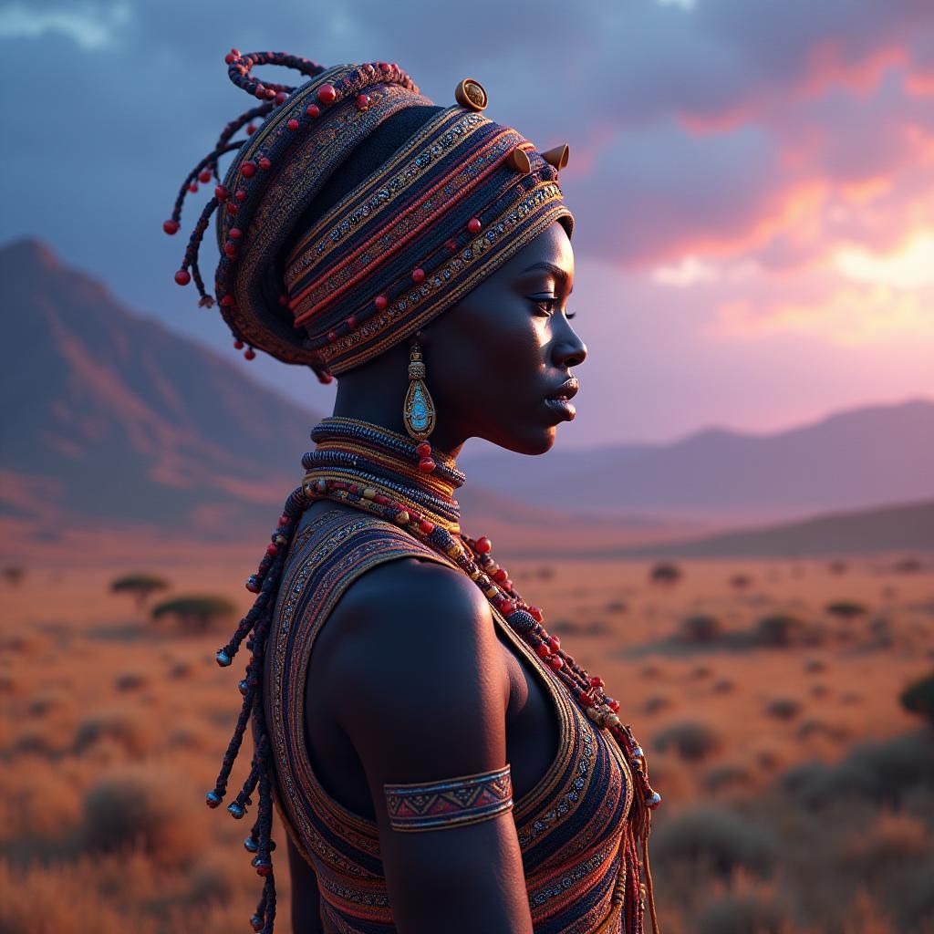 Ndebele Figure in Mystical Savannah Landscape