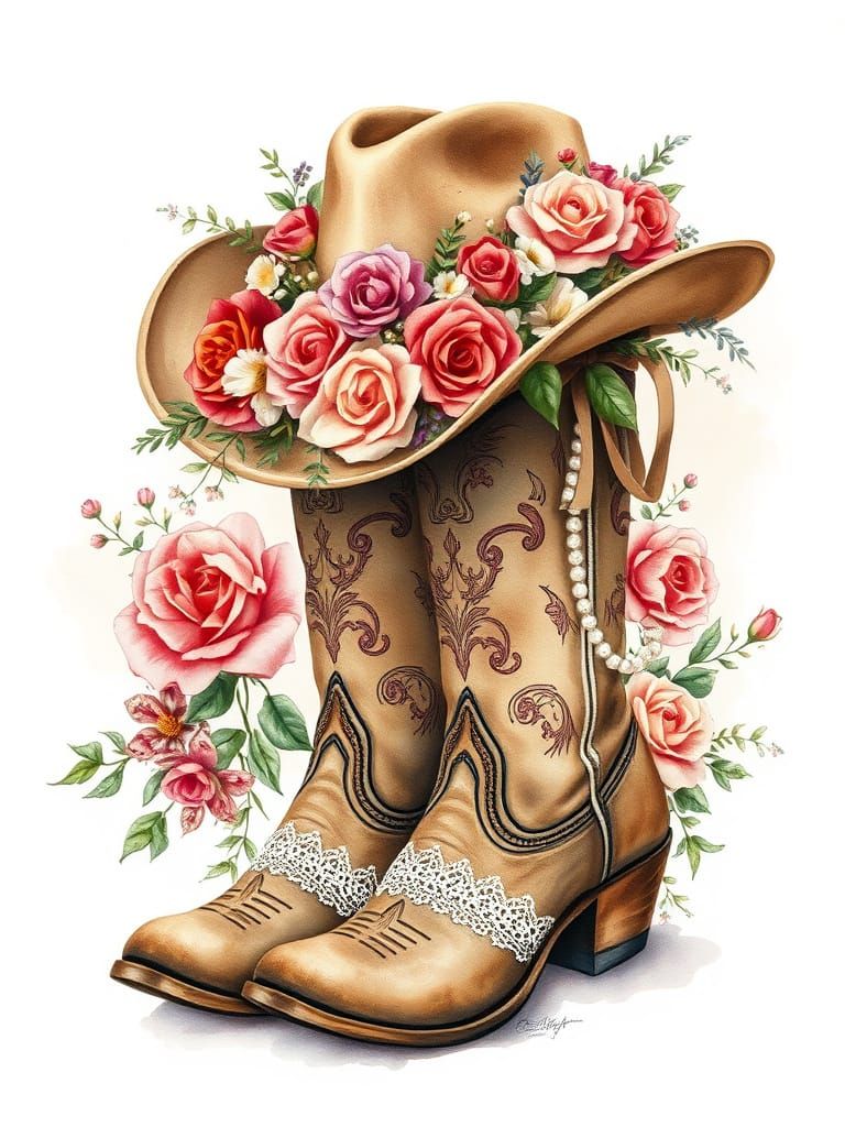 Vintage Cowgirl Boots and Hat in Watercolor
