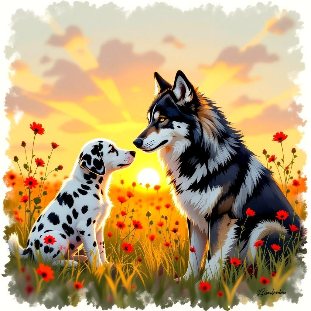 Dalmatian Puppy and Wolf in Charcoal Drawing