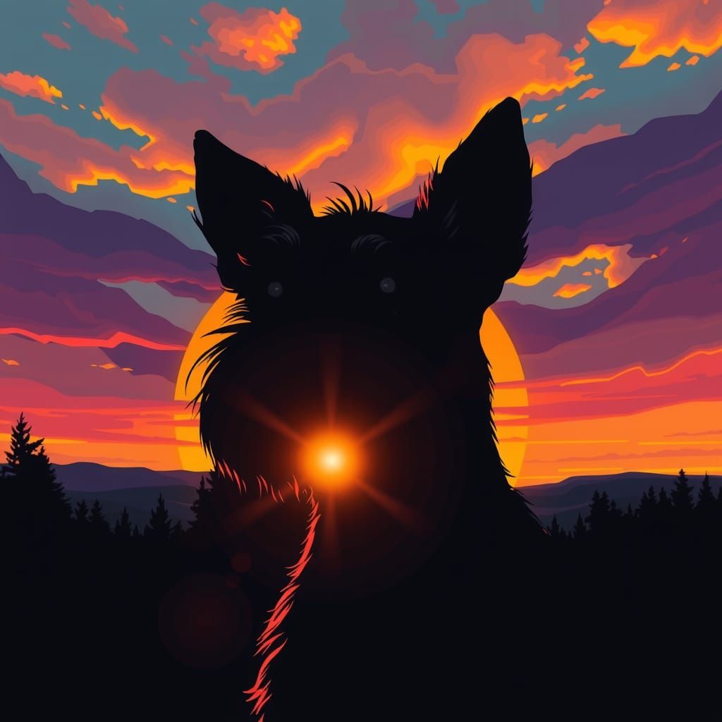 Schnauzer Silhouette Against a Colorful Maximalist Sunset