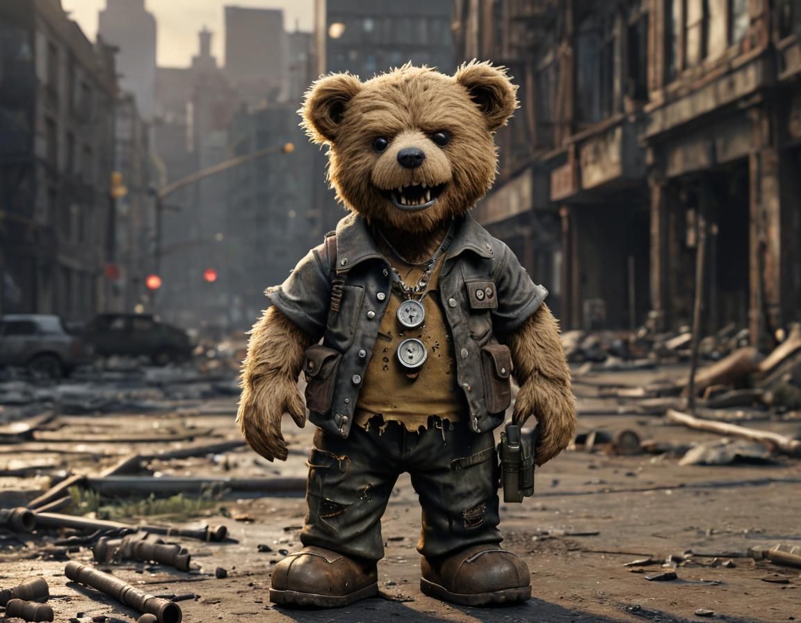 Post-Apocalyptic Teddy Bear with Grenades in Hyperrealism