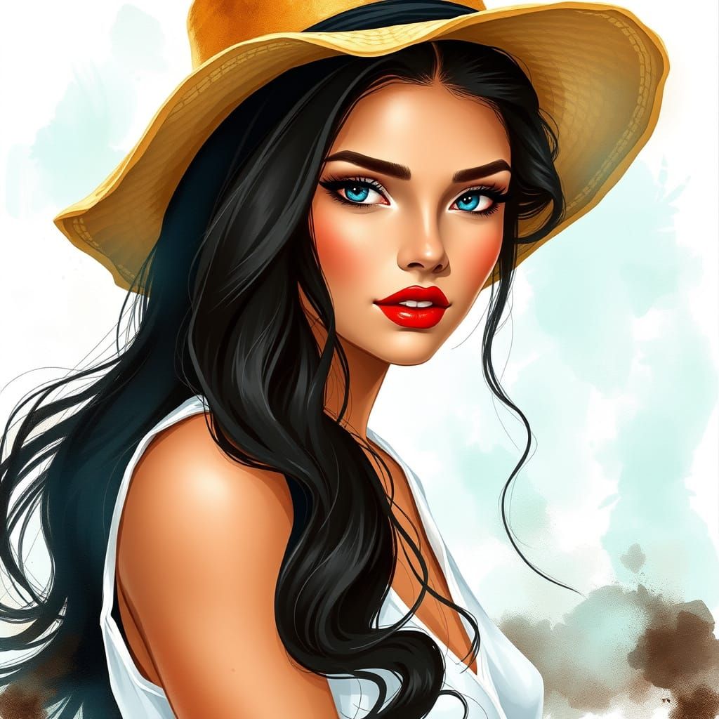 Woman wearing wide-brimmed straw hat, white sleeveless top, ...