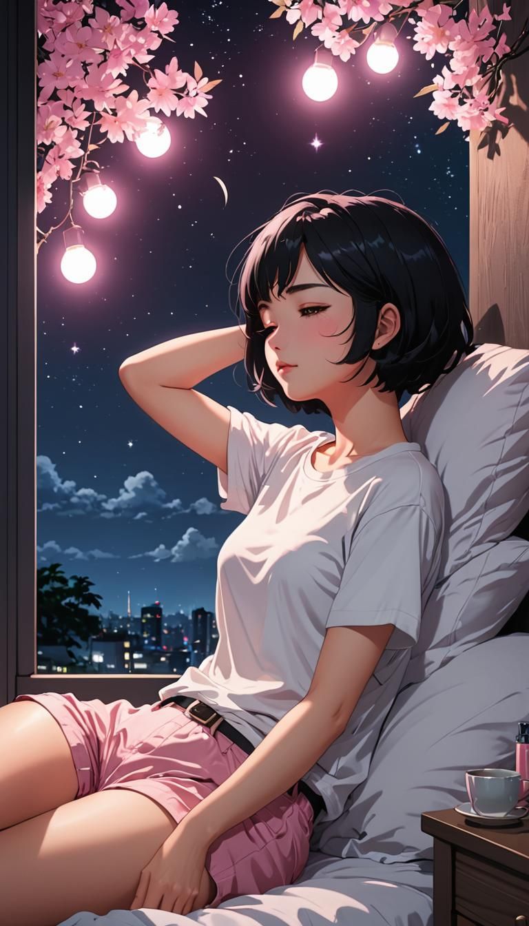 Woman Sleeping in Bedroom, Anime Style Illustration