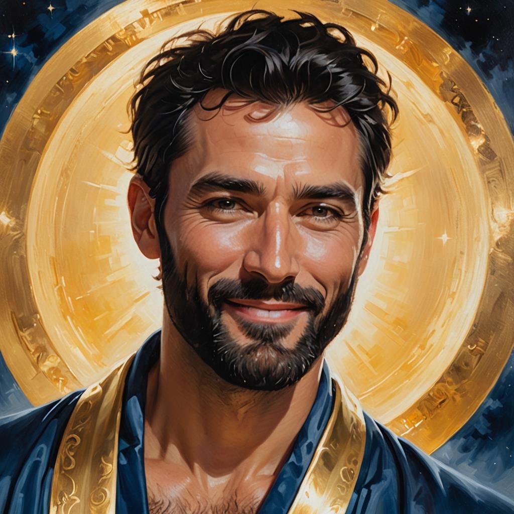 Joyful Man in Blue Velvet Robe, Impasto Painting