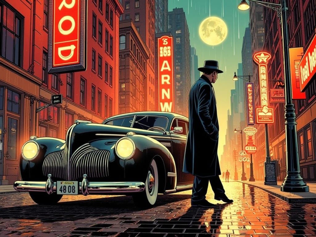 Glamorous Man Stands Beside Vintage Automobile in Bold Comic...