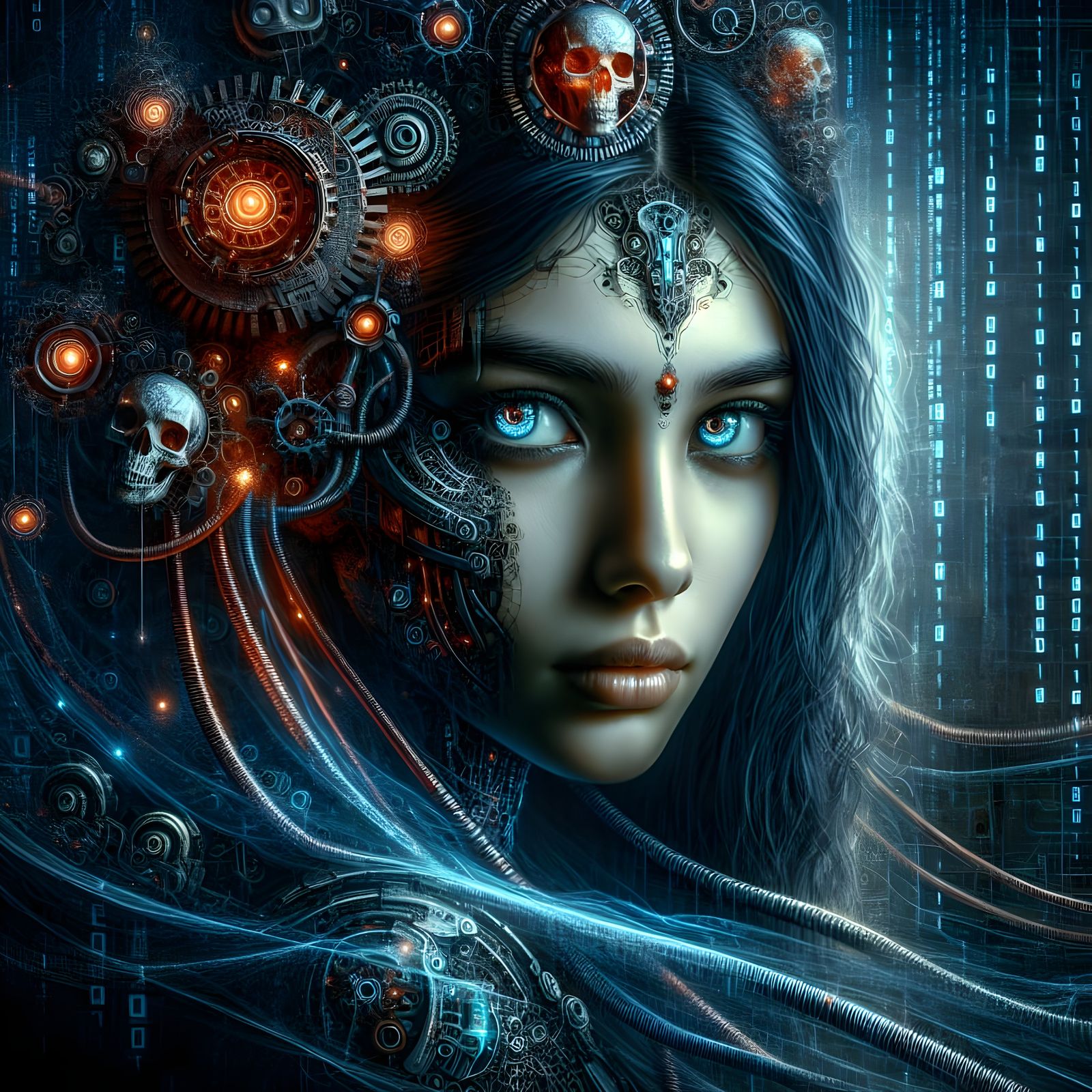 Cyberpunk Woman Emerging from Shadows with Biomechanical Hea...
