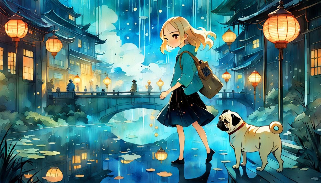 Girl with Pug: Fantastical Watercolor in Anime Style
