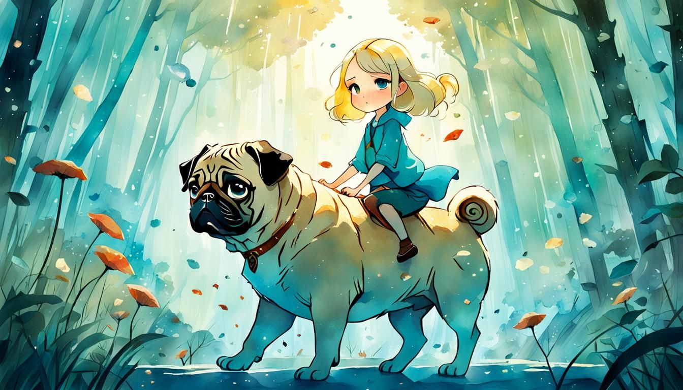 Blonde Girl and Pug in Watercolor Style