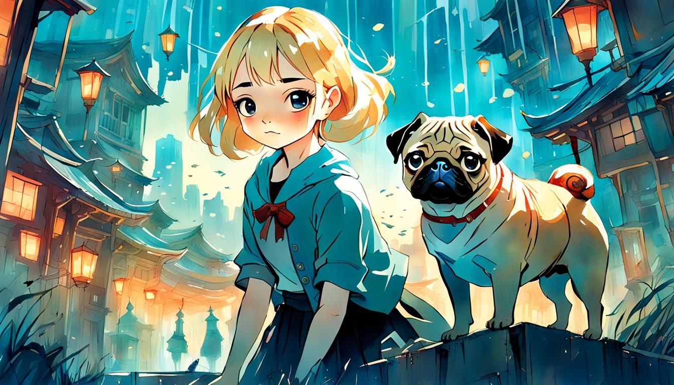 Girl and Pug in Watercolor Manga Style