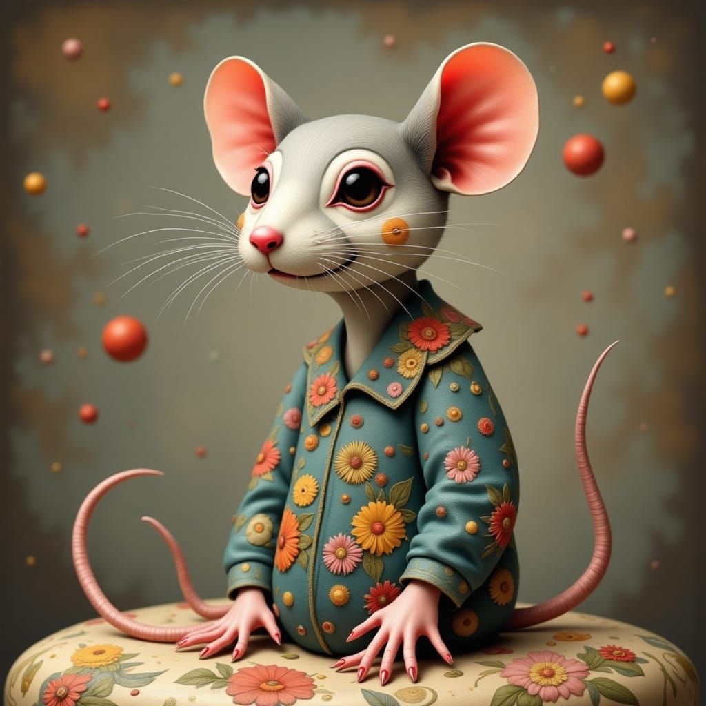 Surreal Floral Rat in Whimsical Pajamas