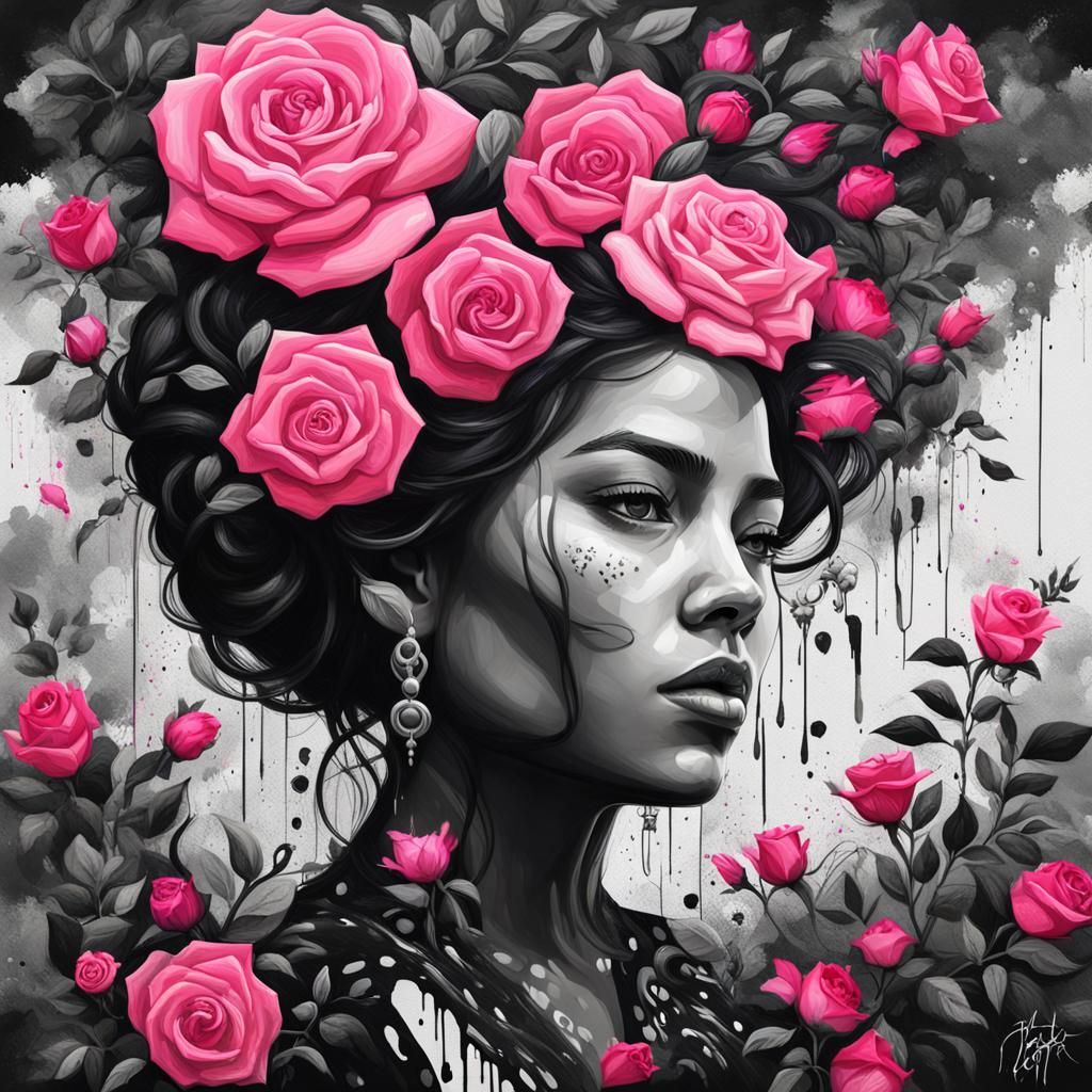 Mexican Woman in Roses, Graffiti Art Style