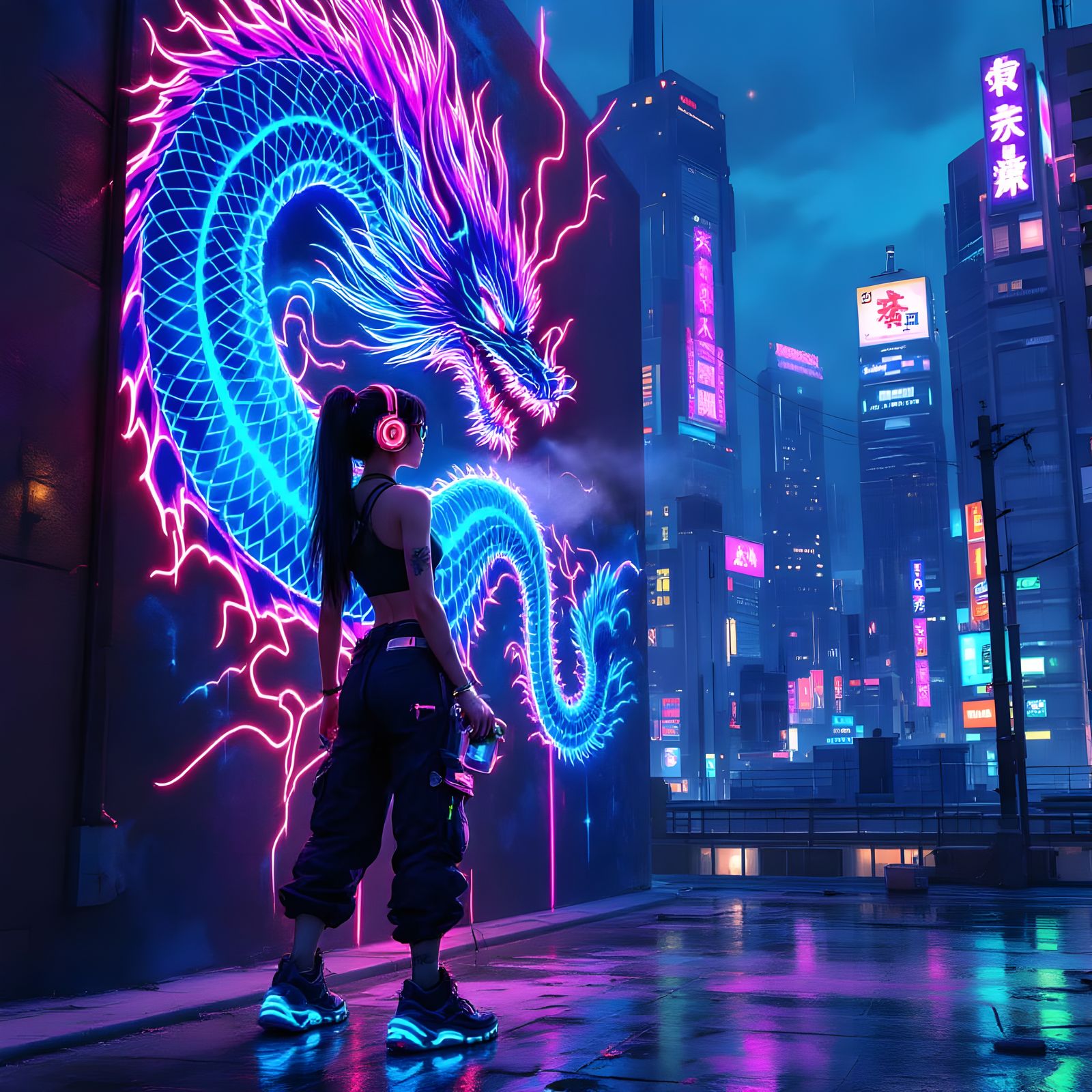 Asian Woman Spray Painting Dragon Mural in Cyberpunk City