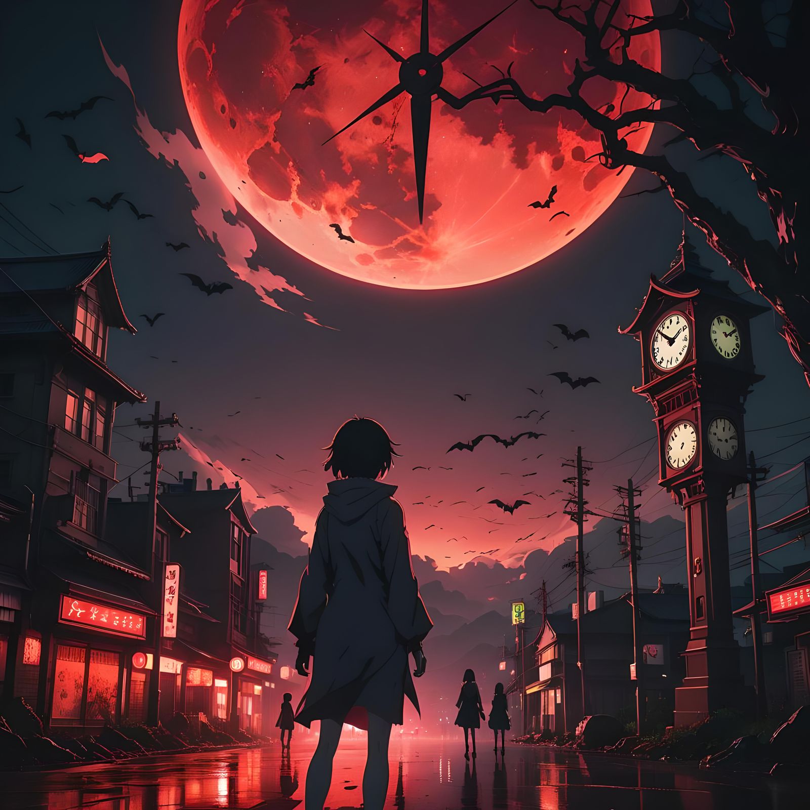 Anime Landscape with Blood Moon and Ghosts