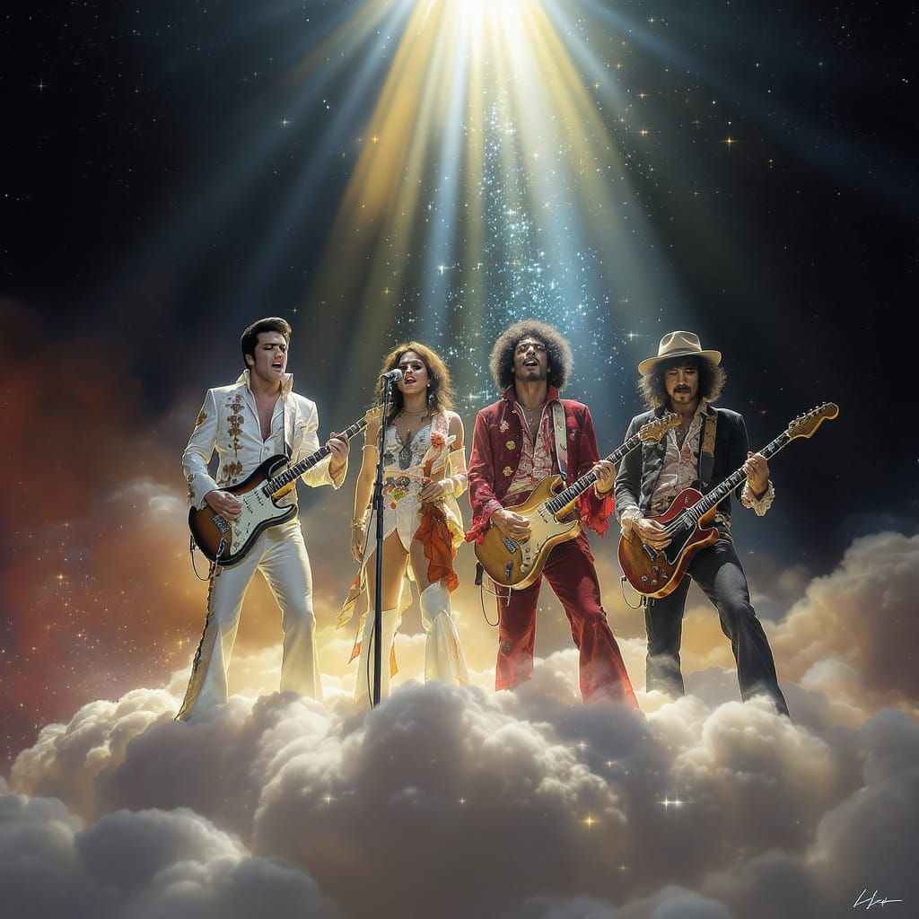 Rock Legends in Heaven: A Hyperrealistic Digital Rendering