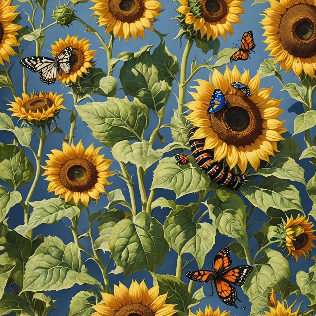 Caterpillar and Butterfly in Love, Gouache Painting