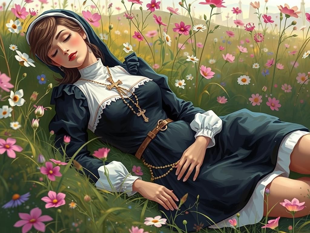 Nun Sleeping in Wildflower Field: Hyper-Realistic Art