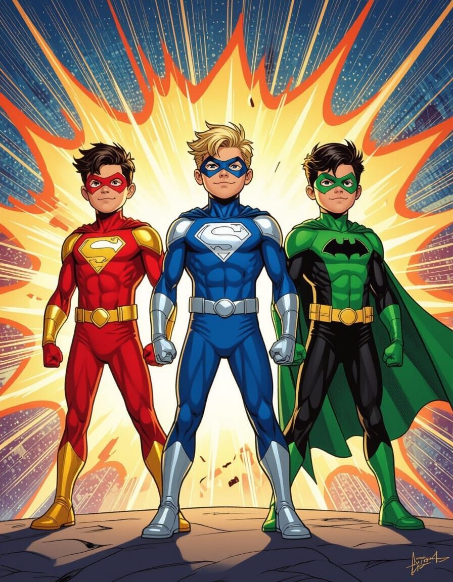 Superhero Boys in Spandex on Comic Book Background