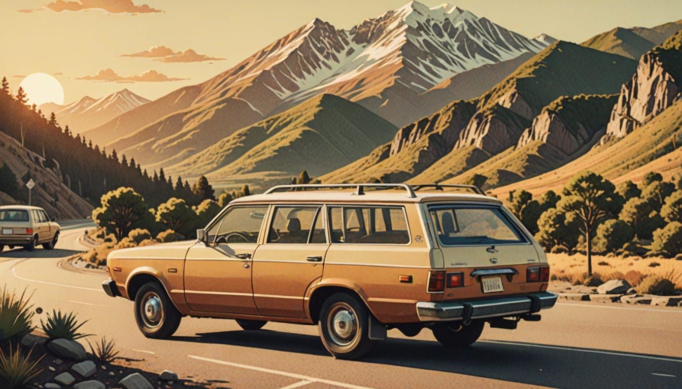 Vintage 70s Toyota Wagon with Mountain Backdrop