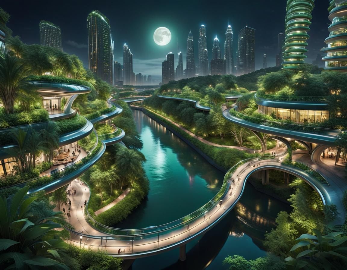Utopian Coastal Cityscape with Lush Greenery