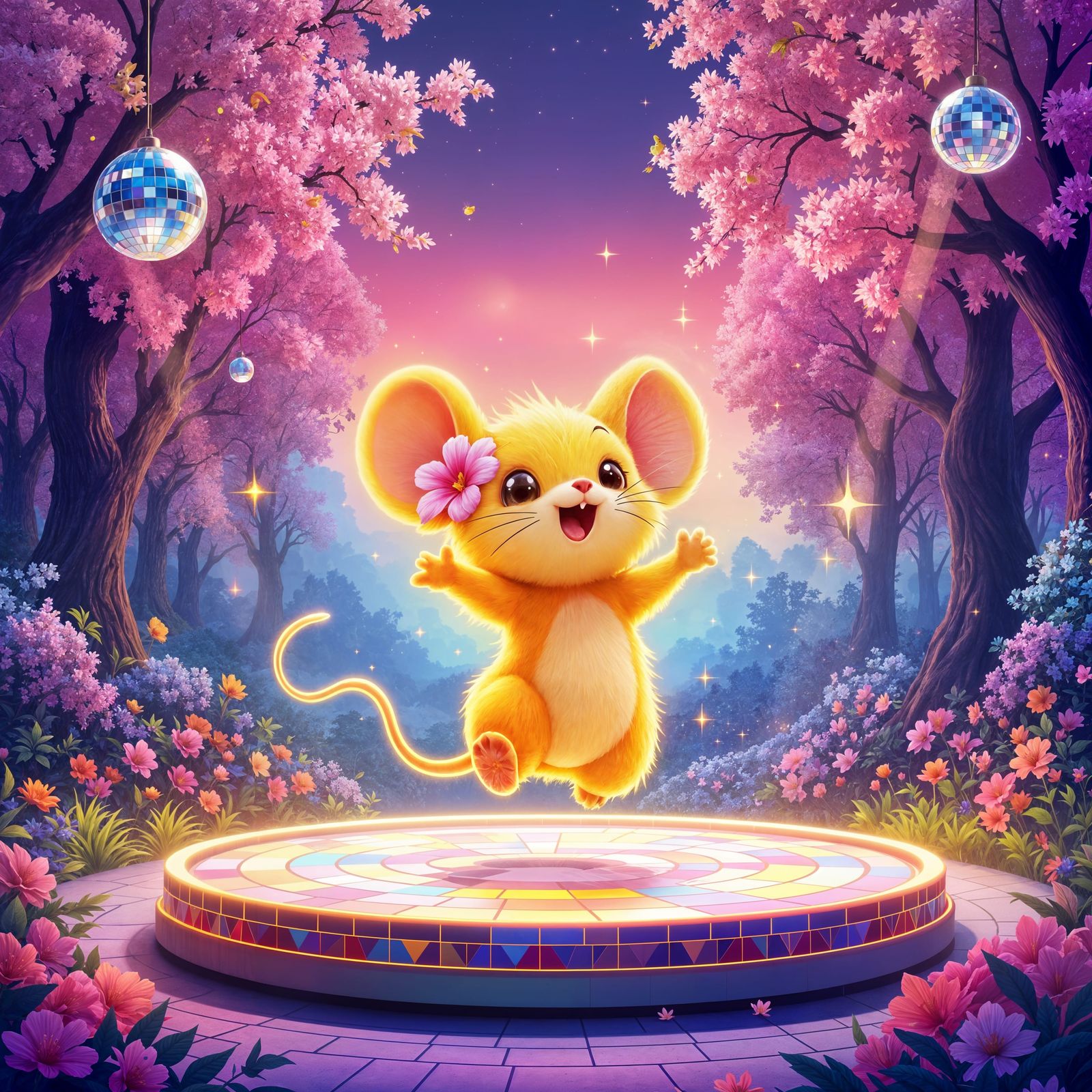 Vibrant Spring Forest Disco Scene in Digital Art