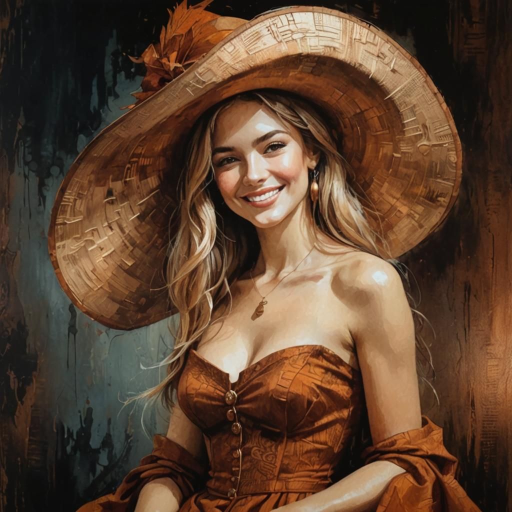 Smiling Girl Portrait in Precisionism Woodcut Style