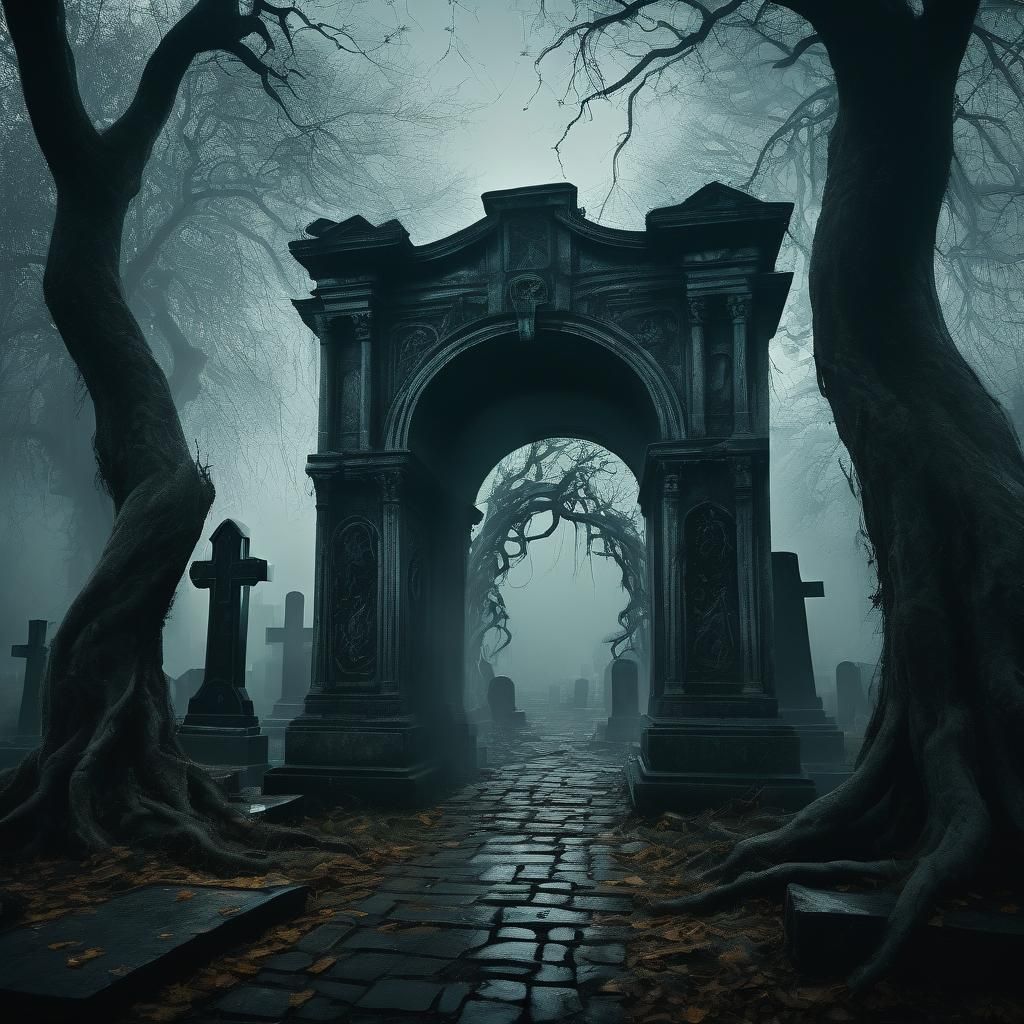Eerie Portal Opens in Graveyard: Surrealist Oil Painting
