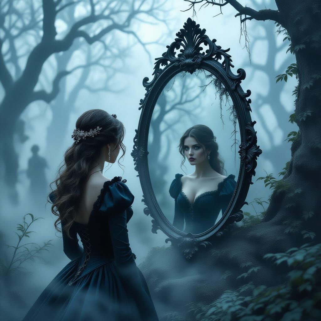 Woman Gazes into Distorted Mirror in Foggy Forest
