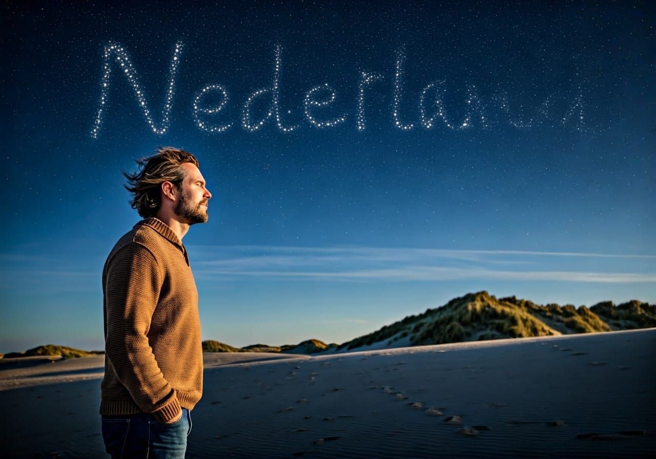 Dutch Man Gazing at Starry Sky Over Dunes